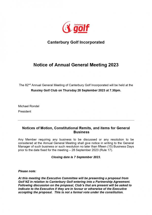 Canterbury Golf AGM Notice of Meeting 2023